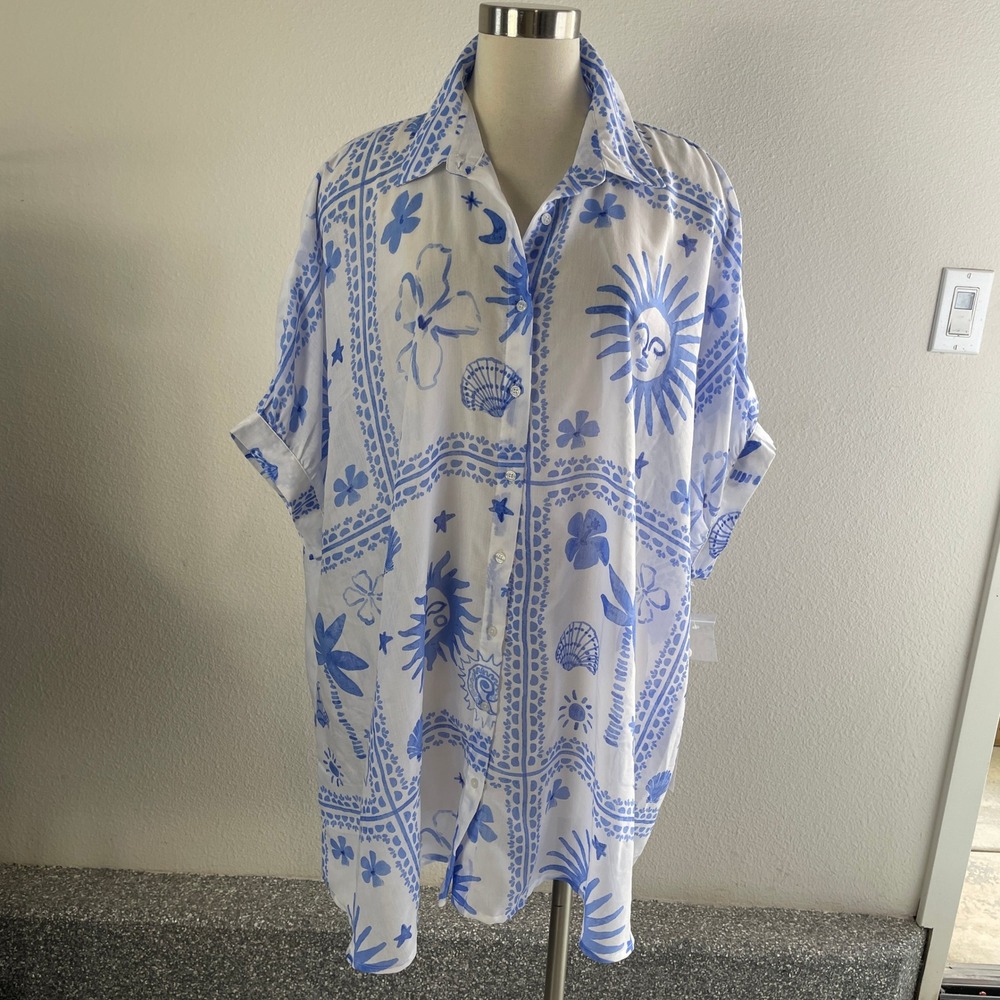 NEW Live 4 Truth Womens Plus 2X Blue White Sheer Button‎ Up Short Sleeve Blouse